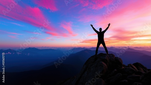 Silhouette of a Man Raising Arms in Triumph on Mountain Peak During Breathtaking Sunset with Vibrant Sky and Expansive Landscape in Background