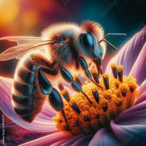 This image is a close-up, highly detailed and vibrant illustration of a bee collecting nectar from a flower. The bee's fuzzy body and legs are sharply defined, showing intricate details of its anatomy photo