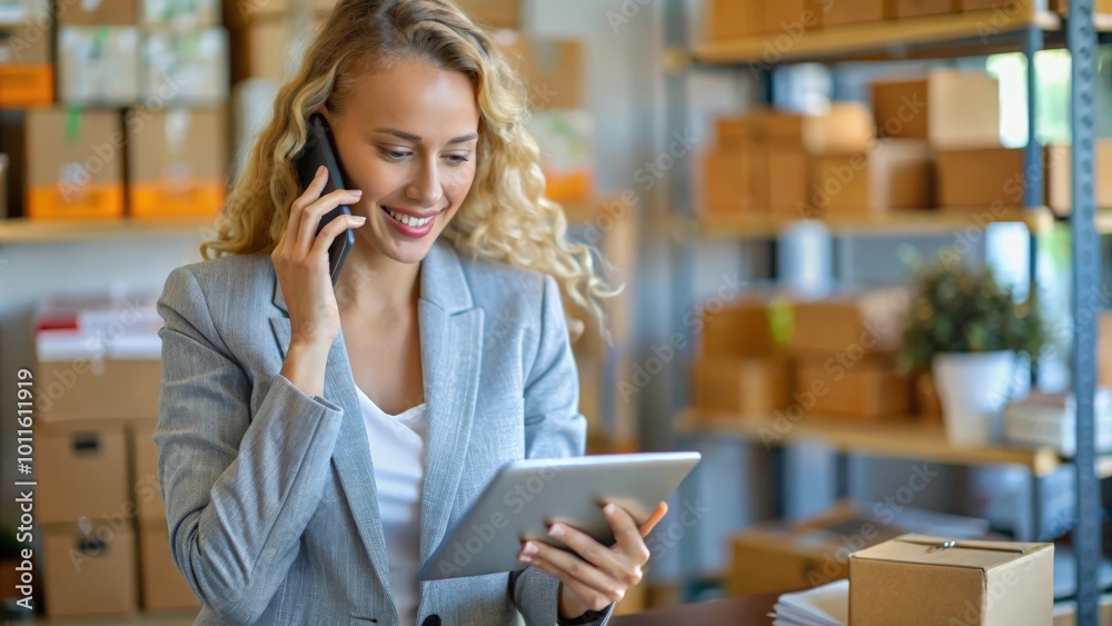 Successful online shopping small business Ecommerce, lady boss with tablet taking sales orders , and answering phone Successful online shopping small business Ecommerce, lady boss with tablet taking sales orders , and answering phone
