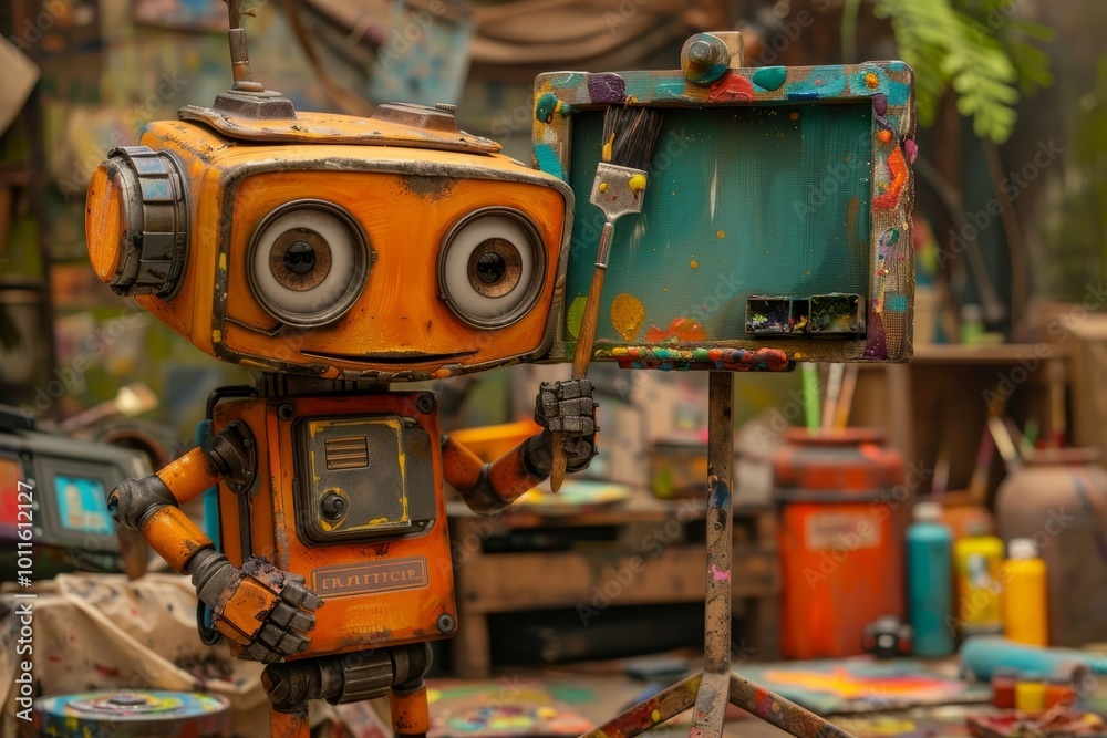 Futuristic robot artist creating vibrant artwork in a colorful art studio environment Futuristic robot artist creating vibrant artwork in a colorful art studio environment