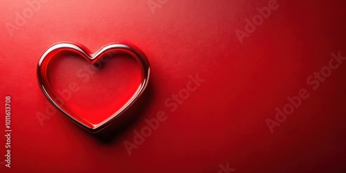 A single metallic heart shape on a red background with copy space