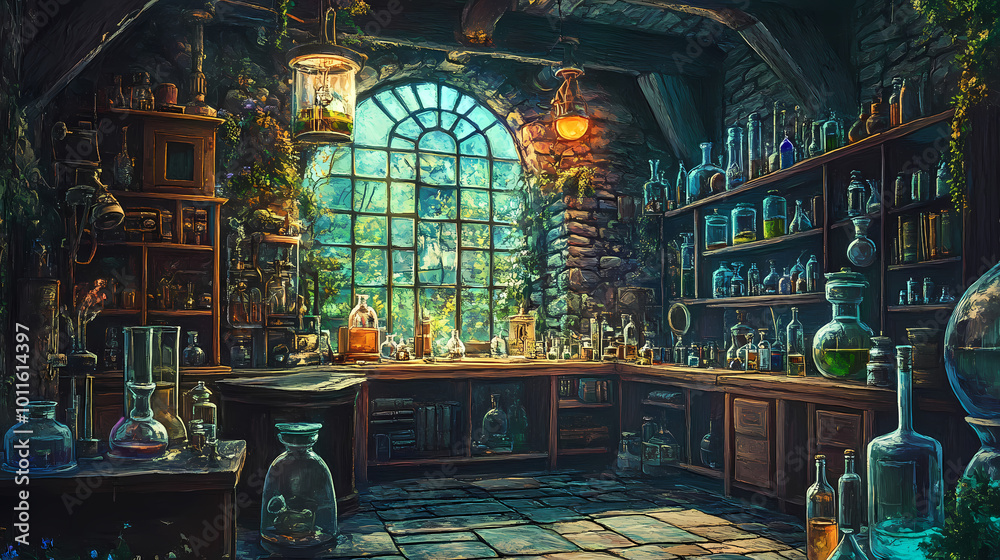 Obraz premium An ancient alchemists study in a mythical realm. Alchemy Lab. Illustration