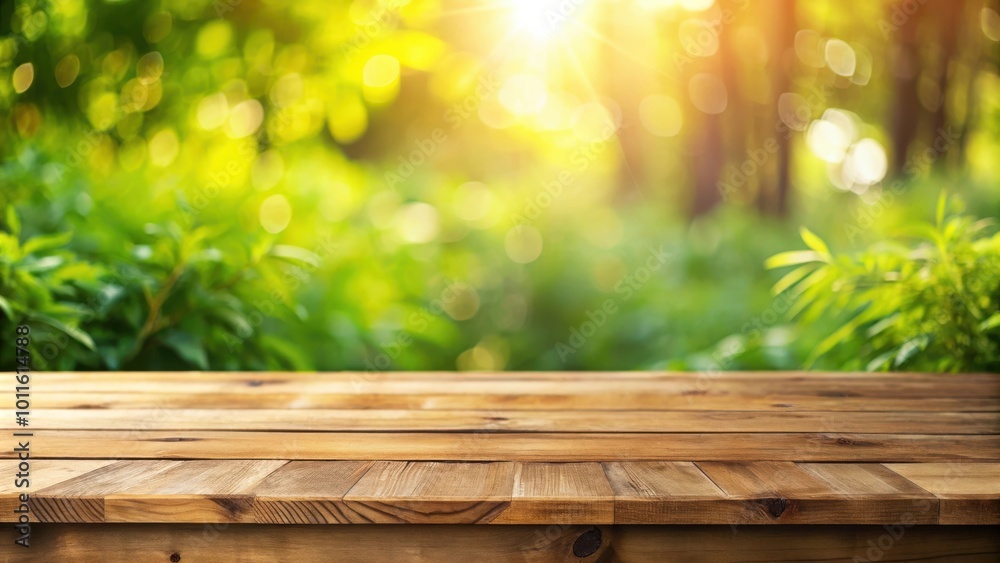 A wooden table with a blurred green background of leaves and sunlight peeking through the trees A wooden table with a blurred green background of leaves and sunlight peeking through the trees