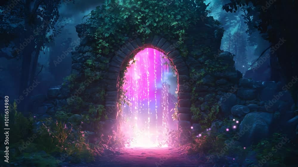 Ancient gate ruins enveloped in swirling mist and vibrant hues. Playful fantasy theme.