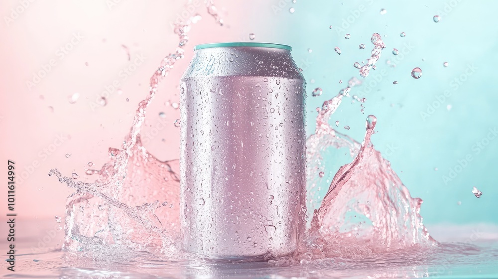 A splash of water and a sleek drink can on a pastel-colored backdrop, capturing freshness and energy in a minimalist design. A splash of water and a sleek drink can on a pastel-colored backdrop, capturing freshness and energy in a minimalist design.