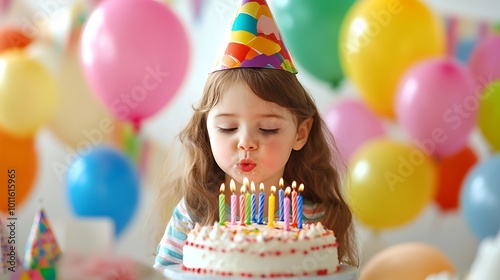 A child wearing a colorful party hat, blowing out candles on a birthday cake, surrounded by balloons and decorations photo