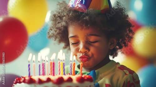 A child wearing a colorful party hat, blowing out candles on a birthday cake, surrounded by balloons and decorations photo