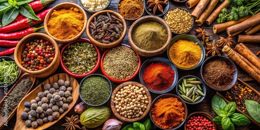 Aromatic Spice Collection Colorful Powder, Seeds, and Dried Herbs in Bowls on Rustic Wooden Background
