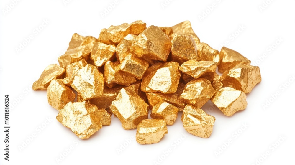 A pile of gold nuggets in various shades on a white background texture and shine ideal for themes of wealth luxury and precious metal investment. A pile of gold nuggets in various shades on a white background texture and shine ideal for themes of wealth luxury and precious metal investment.