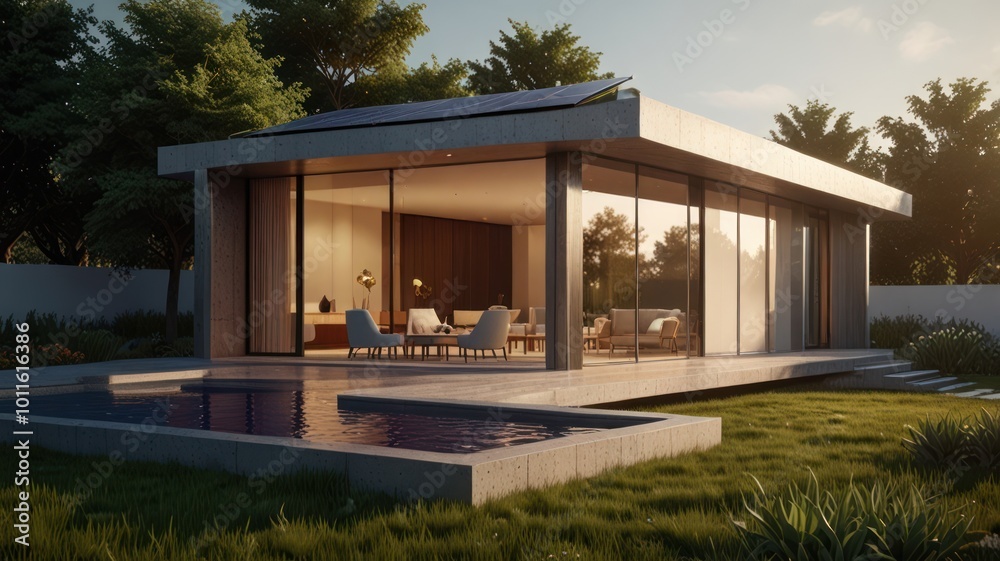 Fototapeta premium A modern, minimalist home with a swimming pool and a large glass window overlooking a living room.