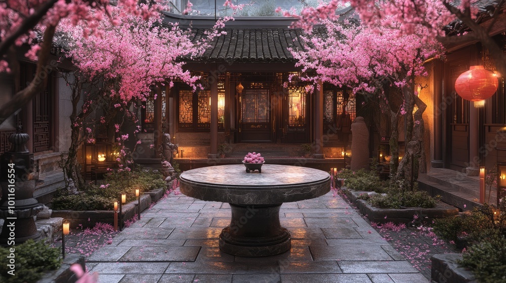 Fototapeta premium A traditional Chinese stone table in the center of a peaceful courtyard, surrounded by pink flowering trees