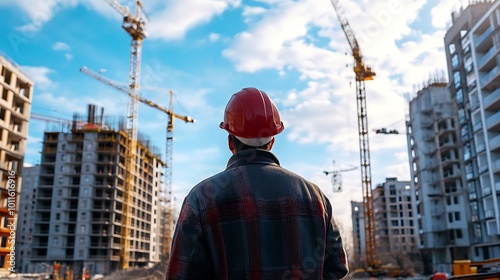 A construction worker wearing a hard hat while surveying a building site, with cranes and equipment in the background