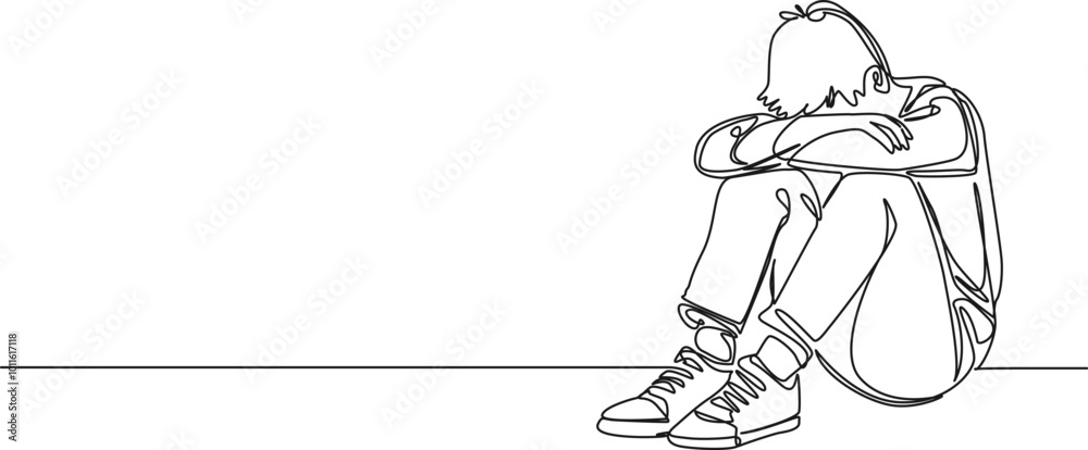 continuous single line drawing of sad boy sitting on floor crying, line art vector illustration continuous single line drawing of sad boy sitting on floor crying, line art vector illustration