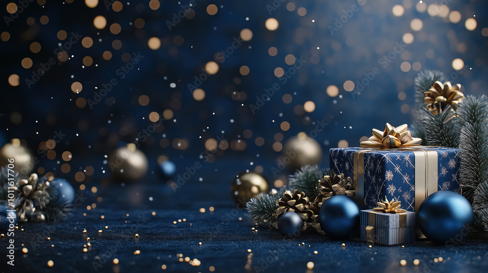 Fototapeta premium A luxurious dark blue Christmas background filled with shiny Christmas balls, intricately wrapped gift boxes, and festive decorations