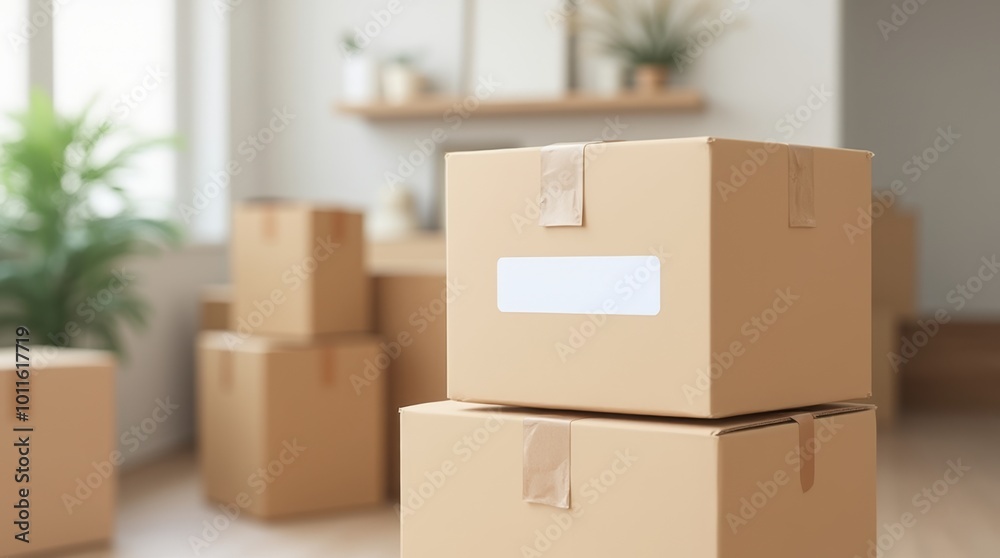 A stack of light brown moving boxes with empty labels on the side. A stack of light brown moving boxes with empty labels on the side.