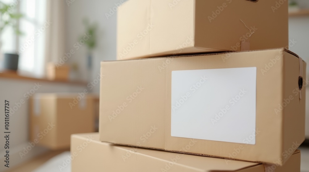 A stack of light brown moving boxes with empty labels on the side. A stack of light brown moving boxes with empty labels on the side.