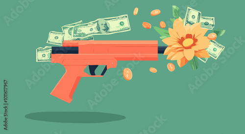 Colorful Conceptual Illustration of a Gun Shooting Money and Flowers for Black Friday Sales Promotions