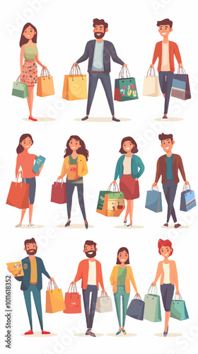 Colorful Black Friday Shopping Characters Carrying Bags, Vectors for Marketing and Sales Promotions