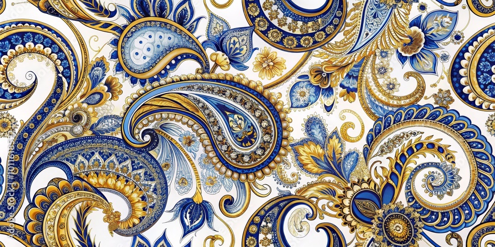 Whimsical Blue and Gold Paisley Pattern, Digital Art, Seamless Repeat, Floral Design, Textile Print, Fabric Design, Pattern Whimsical Blue and Gold Paisley Pattern, Digital Art, Seamless Repeat, Floral Design, Textile Print, Fabric Design, Pattern