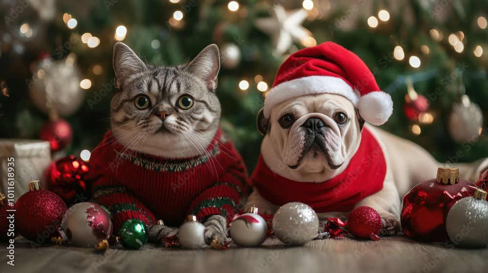 Cats and dogs celebrate the holiday season with festive attire and Christmas decorations at home