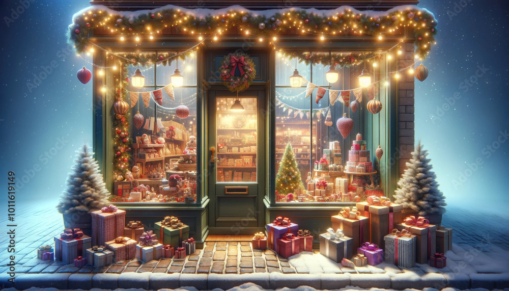 Fototapeta premium Festive storefront with Christmas decorations and gift boxes in snow, holiday shopping