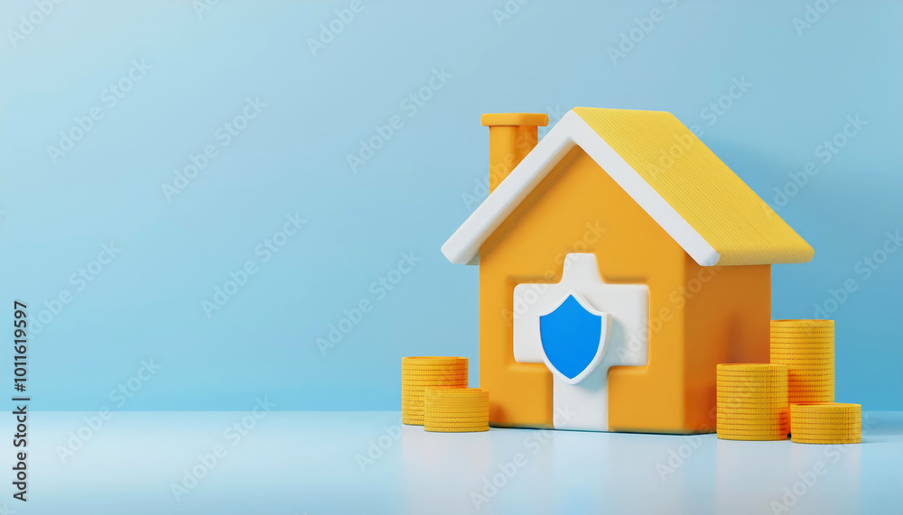 Yellow house model with a blue background, representing safety and security in home design. Yellow house model with a blue background, representing safety and security in home design.