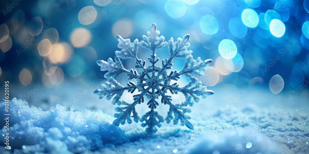 Close-up of a Sparkling Snowflake in a Winter Wonderland, Bokeh, Blue, Holiday, Winter Close-up of a Sparkling Snowflake in a Winter Wonderland, Bokeh, Blue, Holiday, Winter