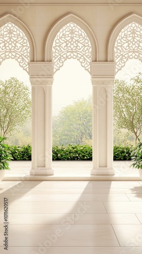 This artwork showcases white stone arches adorned with Arabic geometric patterns, creating an inviting walkway surrounded by lush trees in a modern park setting