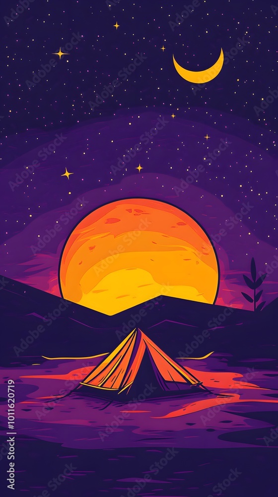 Minimalist vector art of the setting sun and moon, simple shapes, simple lines, low detail, low resolution, purple-pink-orange gradient background with tents in the foreground