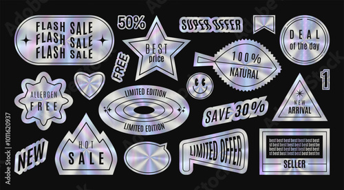 Holographic stickers set. Hologram labels of different shapes. Geometric Flash sale, best price, free, super offer, 100 natural, deal of the day, allergen, limited edition, offer, hot