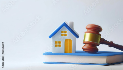 House model and gavel on a book, symbolizing real estate law and property ownership.