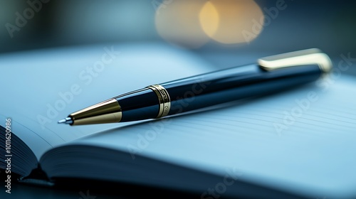 A close-up view of a pen resting on an open notebook, with soft lighting highlighting the sleek design of the pen