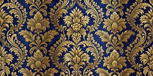 Gilded Floral Wallpaper - Intricate Gold Leaf Pattern on Navy Blue Background, wallpaper, pattern, design