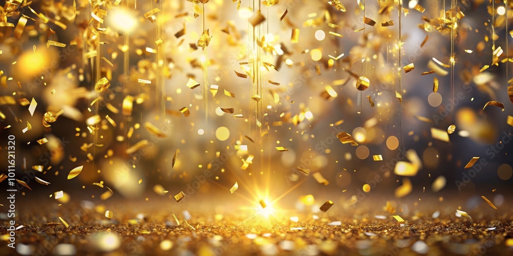 Golden Confetti Falling on a Glittering Surface, 3D Render, Abstract Background, Celebration, Party, Holiday
