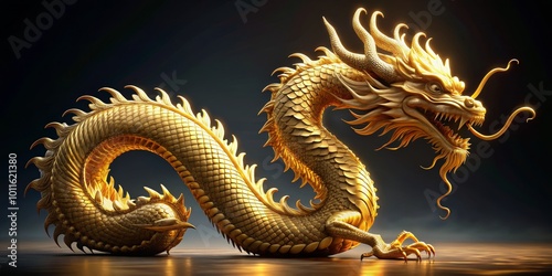 Golden Dragon Sculpture, 3D Render, Dark Background, Chinese Myth, Dragon, Sculpture, Art