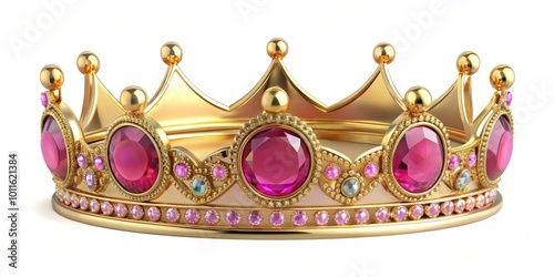 Golden Crown with Pink Gems 3D Render, Royalty, Jewelry, Crown, Gemstone