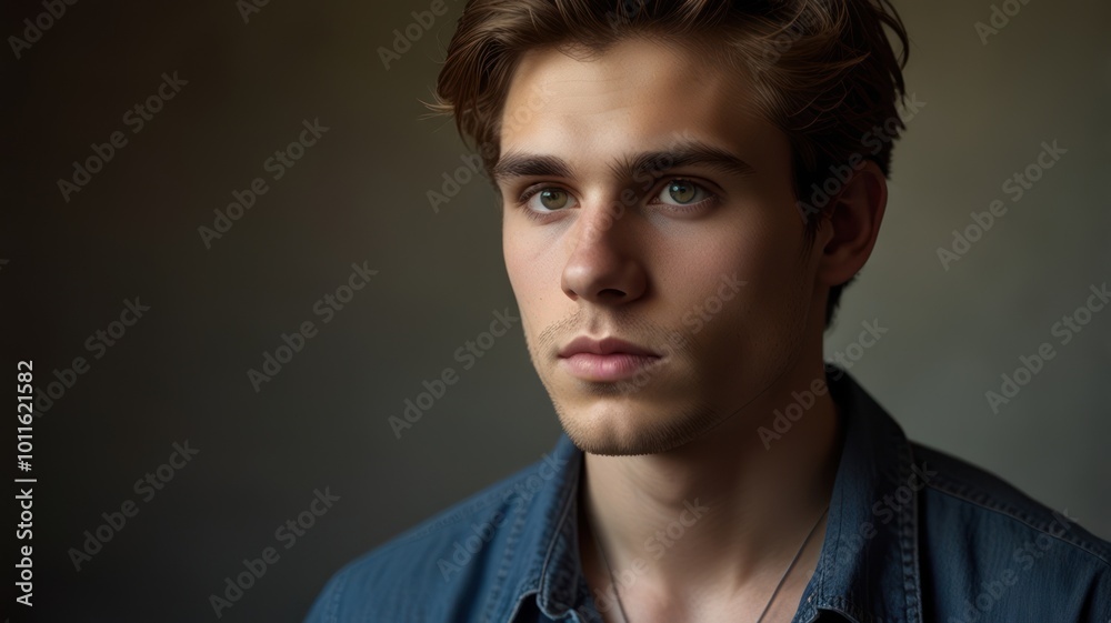 Portrait of a young man with blue eyes and brown hair looking off to the side.