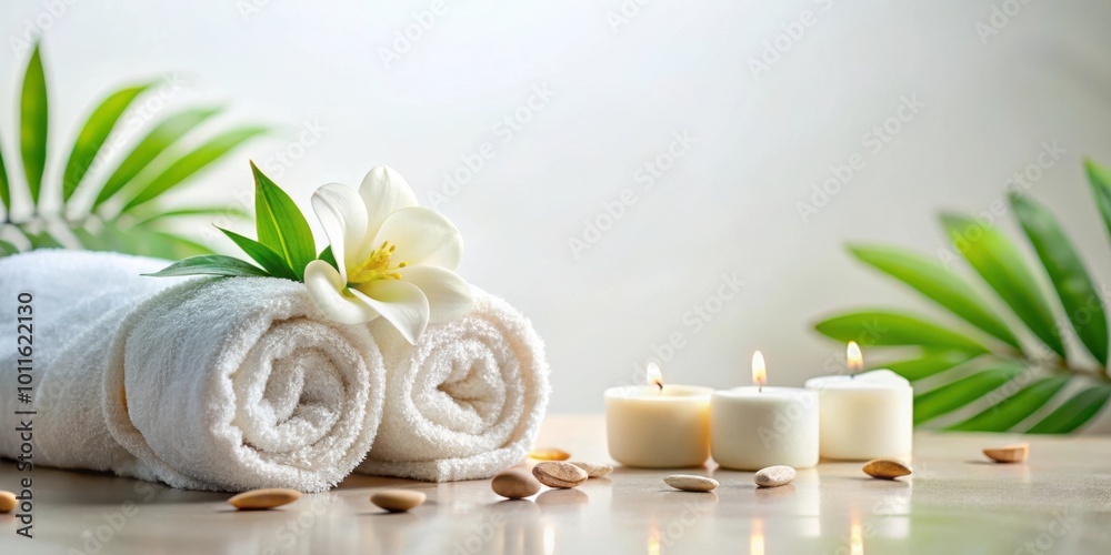 A serene spa setting with soft white towels, a delicate white flower, and flickering candles, offering a tranquil escape for relaxation and rejuvenation.