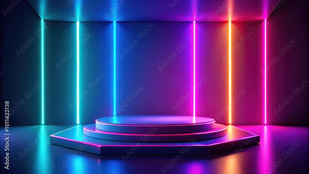 Neon lights illuminate a hexagonal platform with three levels, creating a vibrant and futuristic display. Neon lights illuminate a hexagonal platform with three levels, creating a vibrant and futuristic display.