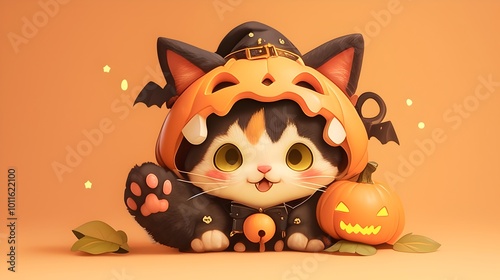 Adorable Calico Cat in Witch Costume Celebrating Spooky Halloween Season