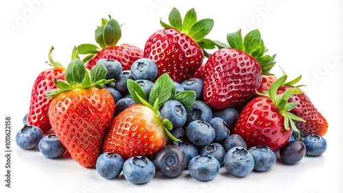 Fresh strawberries and blueberries in a panoramic shot isolated on white background