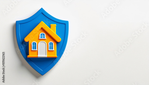 Shield symbolizing home protection with a house icon, isolated on a white background.