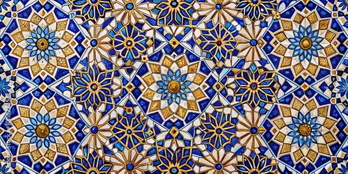Islamic Geometric Mosaic Pattern Blue, Gold, and White Tiles, Islamic Architecture, Geometric Design, Mosaic Art