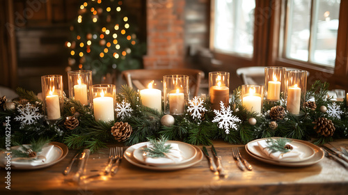 Elegant Holiday Dinner Table with Candles and Decor