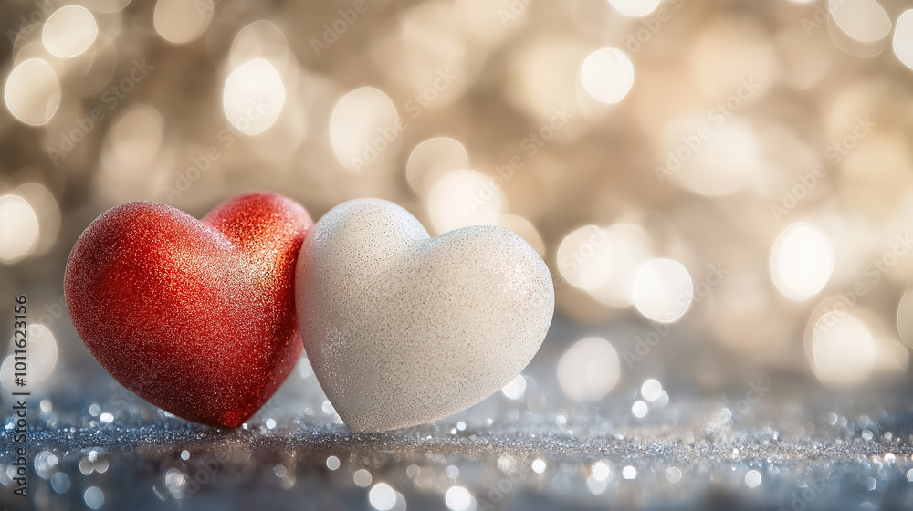 Fototapeta premium Close-up of red and white hearts shining on a glittery background, with bokeh lights creating a romantic atmosphere