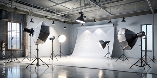 Photo Studio Setup with Multiple Lights and White Background, Photography, Lighting, Studio