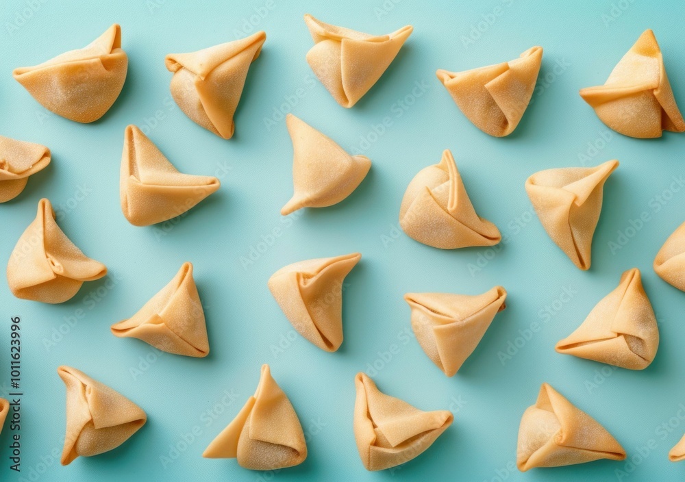 Assorted fortune cookies arranged on a light blue surface, showcasing their unique triangular shapes in a harmonious layout Assorted fortune cookies arranged on a light blue surface, showcasing their unique triangular shapes in a harmonious layout