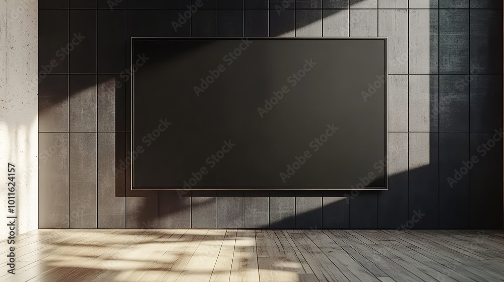 A mockup of an empty black frame on the wall in front of a large flat-screen TV, with light wood flooring and dark tiled walls
A mockup of an empty black frame on the wall in front of a large flat-screen TV, with light wood flooring and dark tiled walls