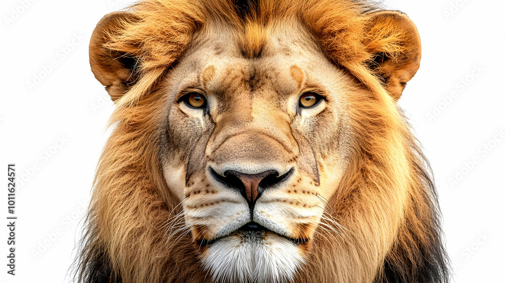 Fototapeta premium Close-up Portrait of a Majestic Lion with Golden Fur and Intense Eyes Stares Directly at the Camera, Showing Its Power and Majesty