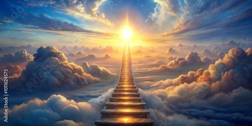 Stairway to Heaven - Digital Painting - Golden Staircase in Cloudy Sky - Sun Rays - Celestial Path, stairway to heaven, digital art, celestial